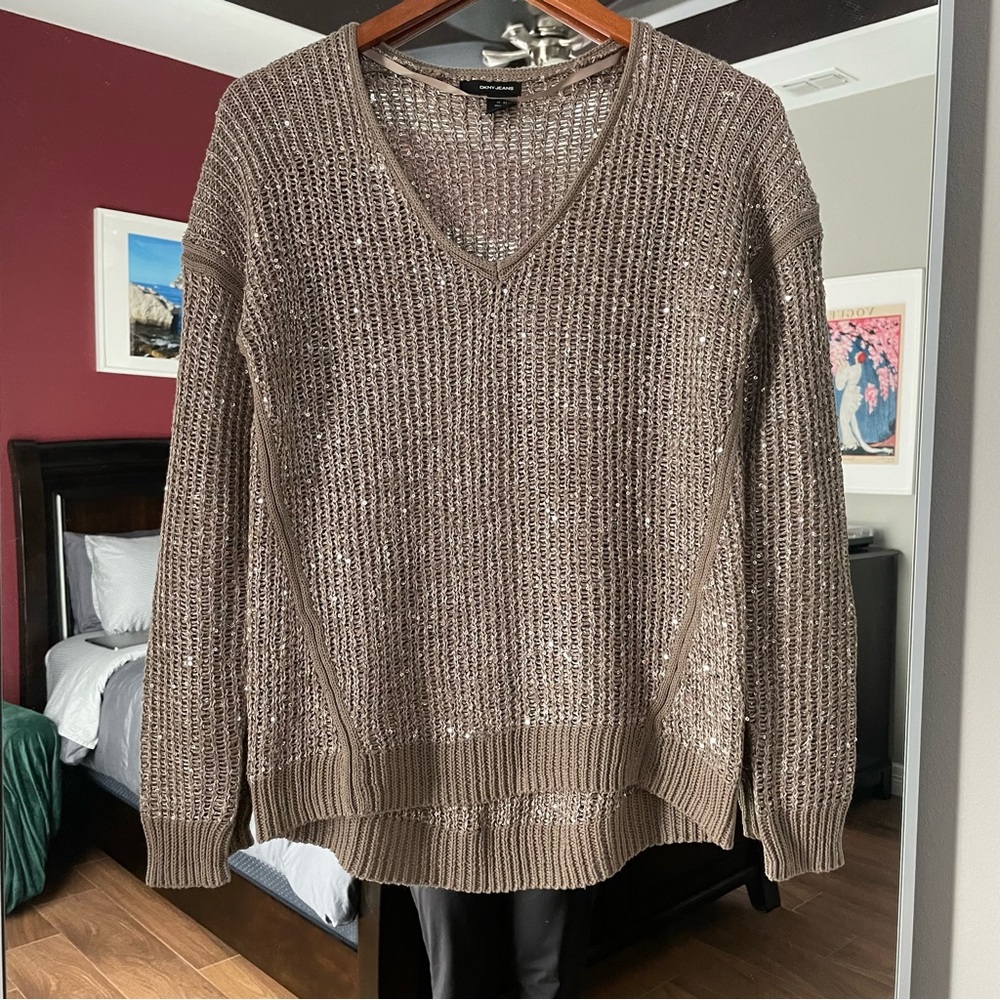 DKNY Jeans Gold Sequin Knit Sweater Size XS